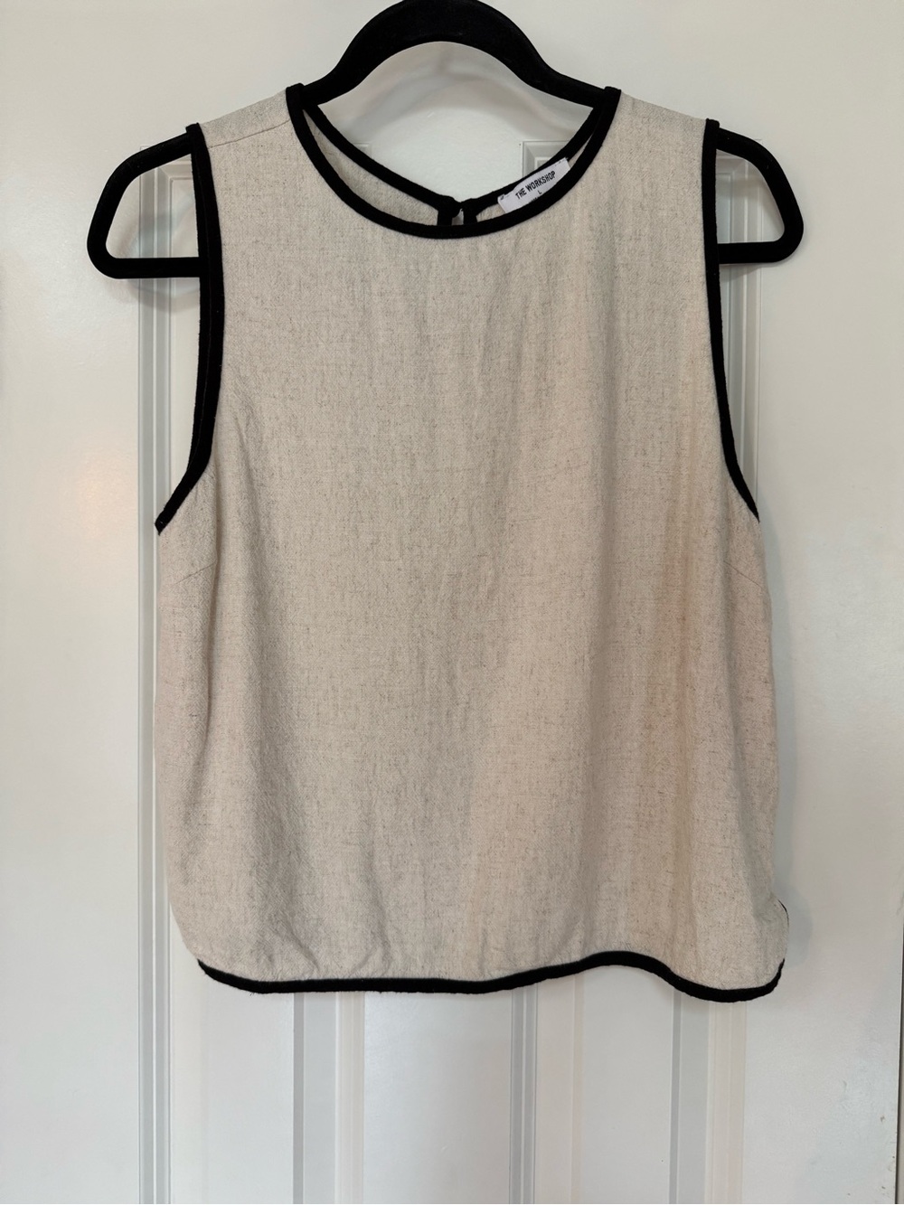 Sleeveless Cream Shell Top with Black Trim